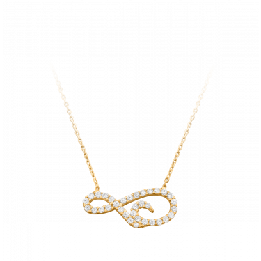 Infinity Halskette (Unendlich Halskette) aus 14 Karat (585er) Gelbgold mit 34 Zirkonia